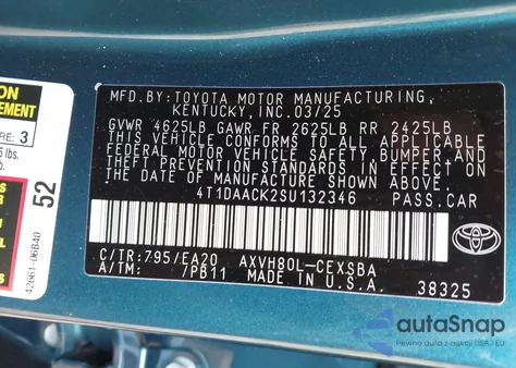 2025 Toyota Camry Se z USA, uszkodzony, nr VIN 4T1DAACK2SU132346